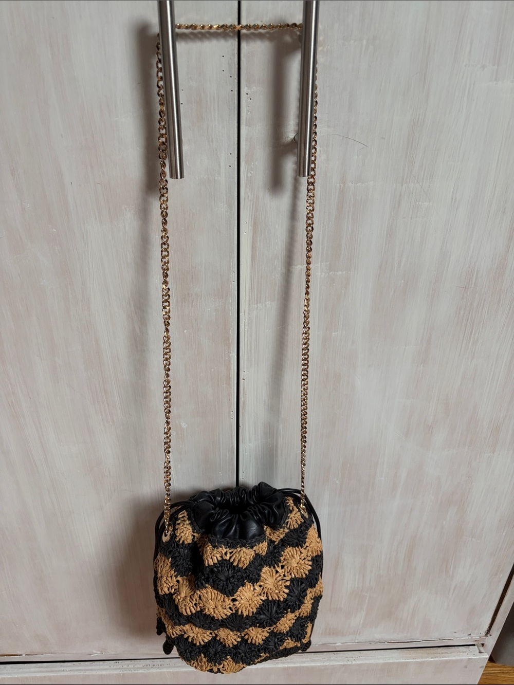 Zara Black and Tan Crochet Drawstring Crossbody Bag
